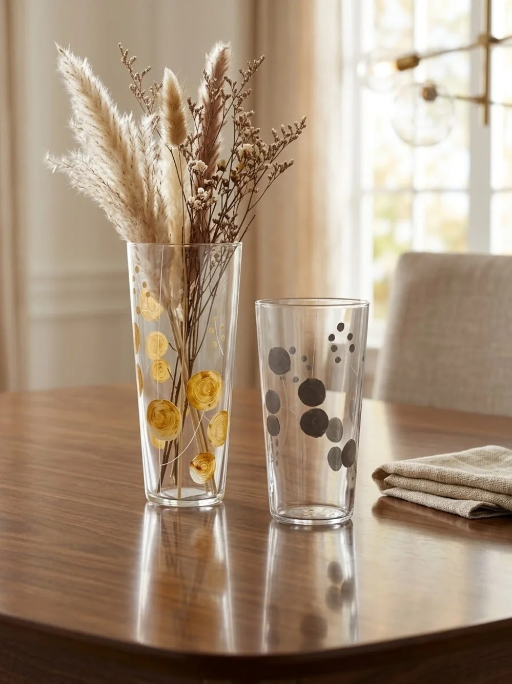 Set of 2 Modernist Hand-Painted Clear Glass Vases / Candle Holders